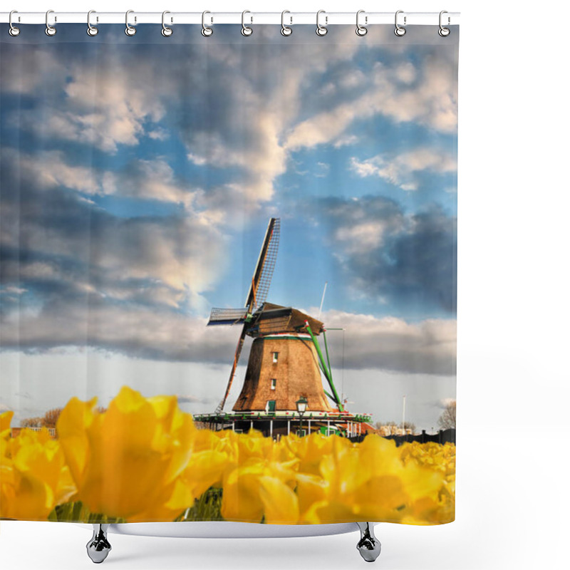 Personality  Traditional Dutch Windmill With Tulips In Zaanse Schans, Amsterdam Area, Holland Shower Curtains