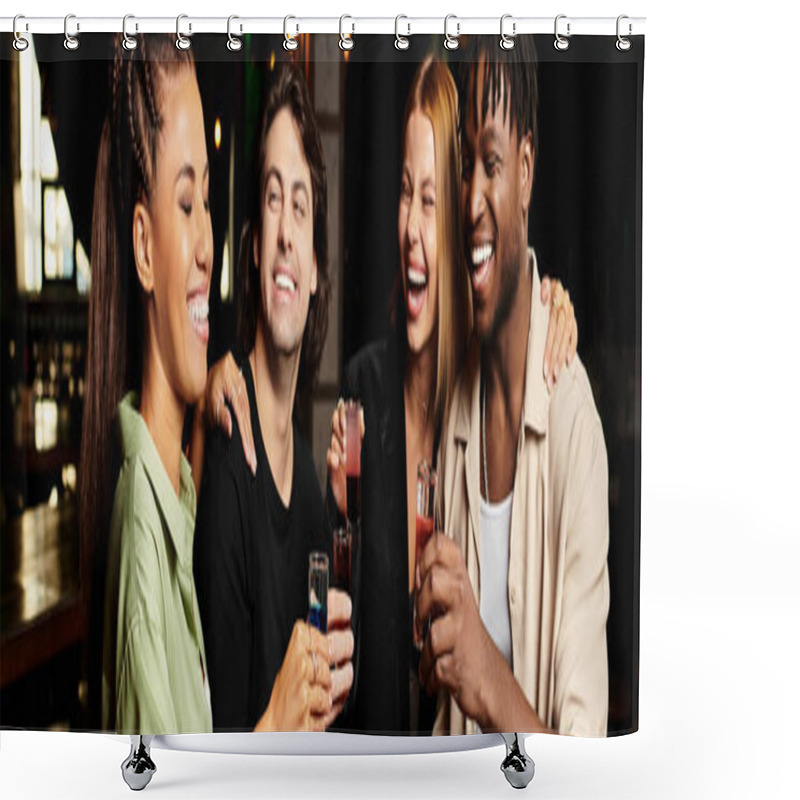 Personality  Four Colleagues Share Laughter And Drinks, Celebrating Their Achievements At A Corporate Gathering. Shower Curtains