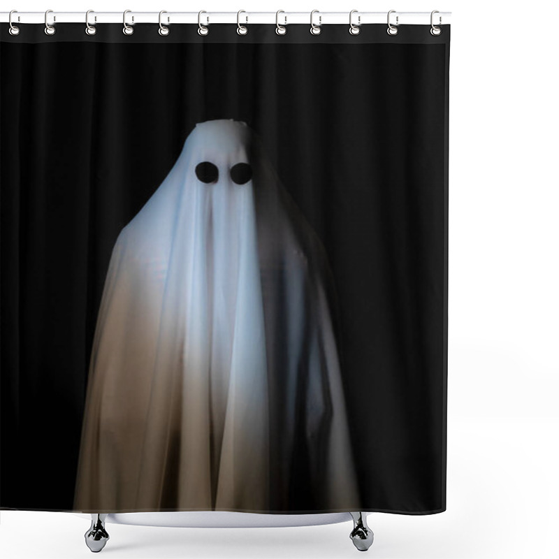 Personality  Someone Covered With White Cloth With Big Black Eyes On Black Background Look Like Ghost In Night. Concept For Funny Playing In Halloween Festival. Shower Curtains