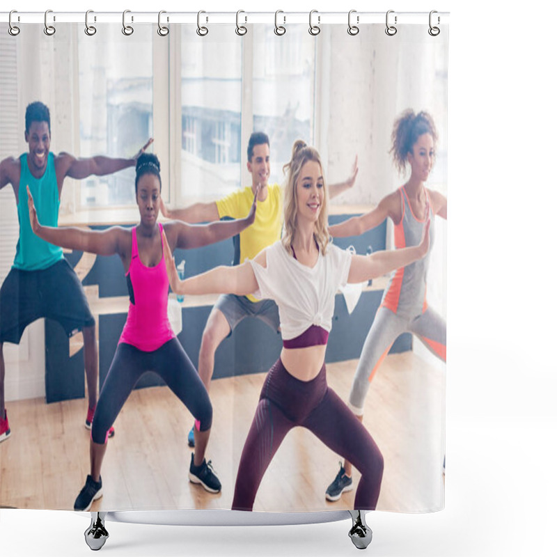 Personality  Selective Focus Of Smiling Multiethnic Dancers Training Zumba Movements In Dance Studio Shower Curtains