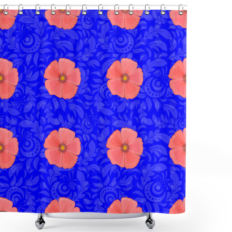 Personality  Abstract Seamless Vector Pattern With Hand Drawn Floral Elements. Silk Scarf With Cosmos Flowers On A Blue Background. Retro Textile Design Collection. 1950s-1960s Motifs. Autumn Colors. Shower Curtains