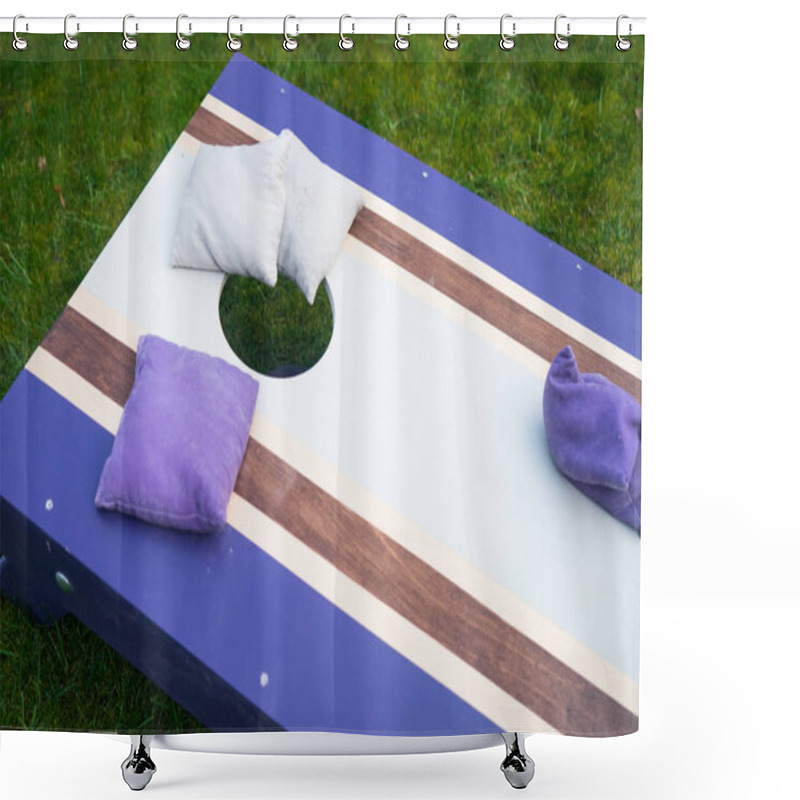 Personality  Cornhole Beanbag Toss Wood Game Board Outside On Grass Shower Curtains