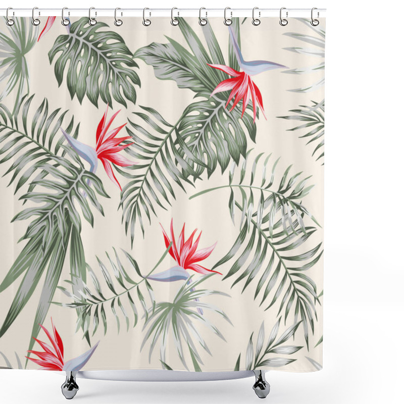 Personality  Exotic Tropical Flowers Red Bird Of Paradise (strelitzia) And Green Leaves On The Light Background Pattern Seamless Shower Curtains