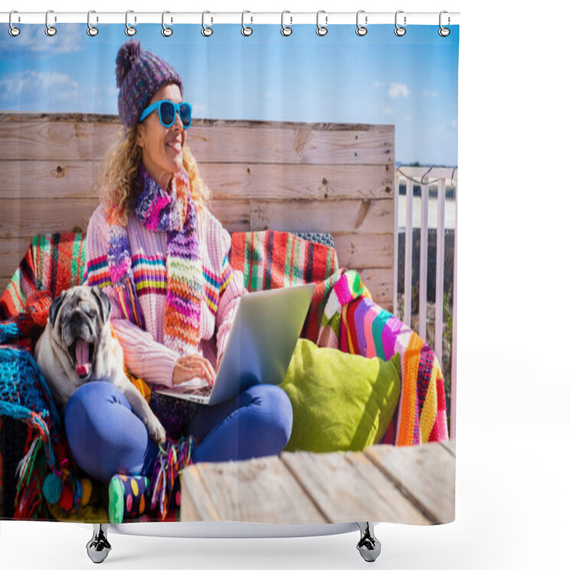 Personality  Woman Sitting Outdoor With Dog Smiling And Enjoying Best Friend Shower Curtains