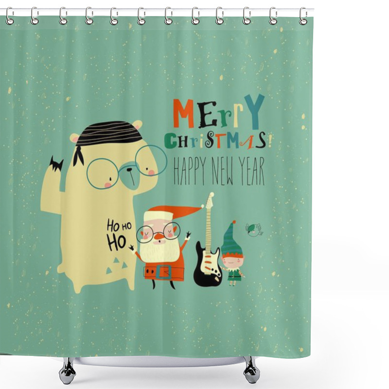 Personality  Funny Rock N Roll Santa Claus With Polar Bear And Little Helper Shower Curtains