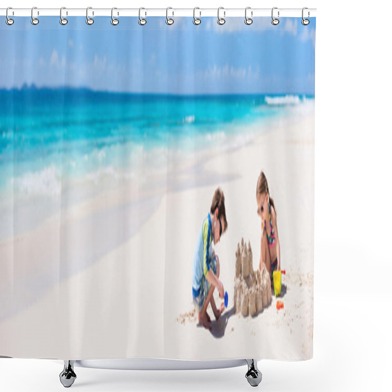 Personality  Two Kids Playing At Beach Shower Curtains