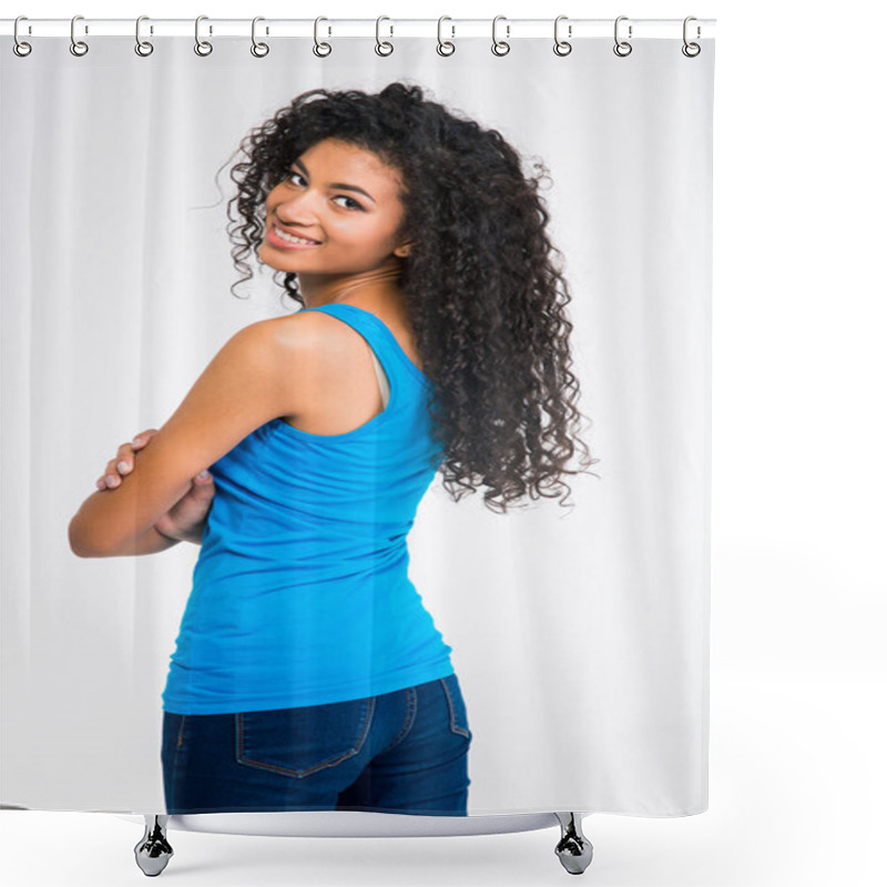 Personality  Happy Afro American Woman Looking Back At Camera Shower Curtains