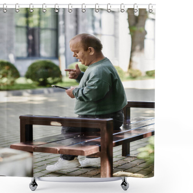 Personality  A Man With Inclusivity Sits On A Bench In A City Park, Using His Phone. Shower Curtains