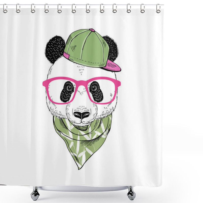 Personality  Panda Hipster Portrait In Glasses Cap And Bandana Scarf With Bamboo Pattern. Hand Drawn Vector Illustration Shower Curtains