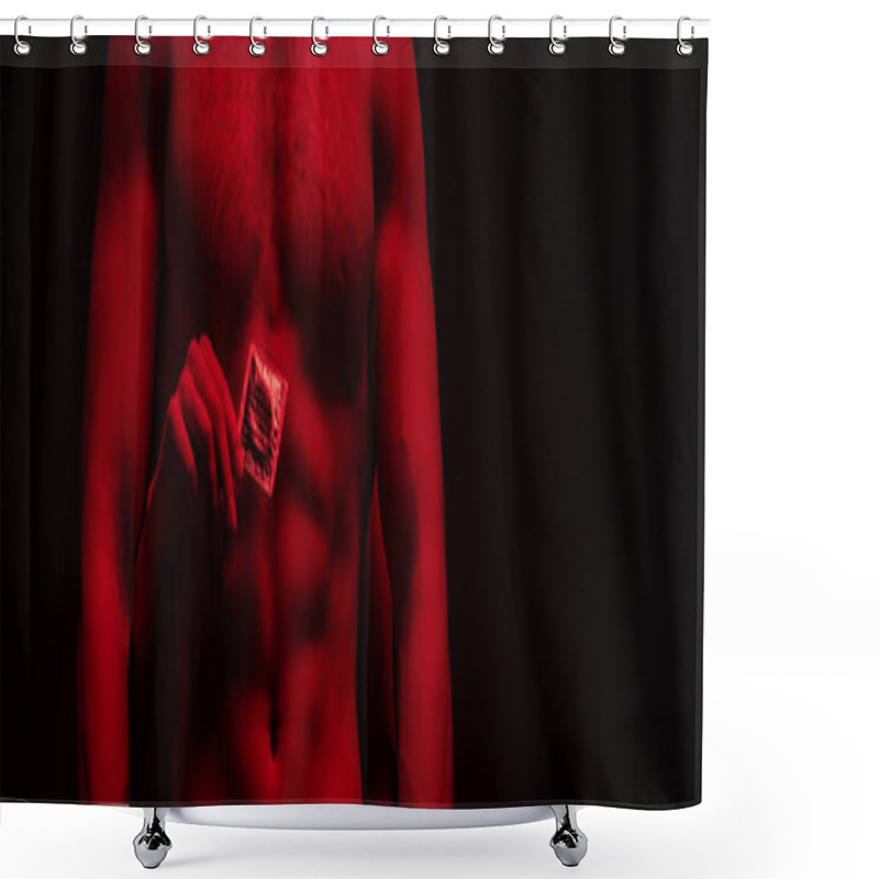 Personality  Cropped View Of Woman Touching Bare Torso Of Sexy Man And Holding Condom In Red Light Isolated On Black, Panoramic Shot Shower Curtains