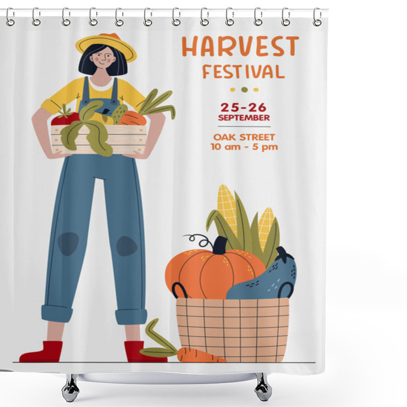 Personality  Harvest Festival Banner. Farmer Woman With Vegetables In Modern Style. Farm Market Or Eat Local Concept. Buy Fresh Organic Products From The Local Farmers Market. Cartoon Vector Illustration Shower Curtains