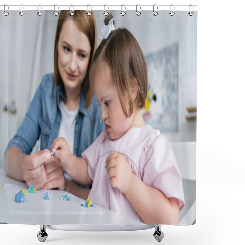 Personality  Blurred Kindergarten Teacher Molding Plasticine With Disabled Kid With Down Syndrome  Shower Curtains