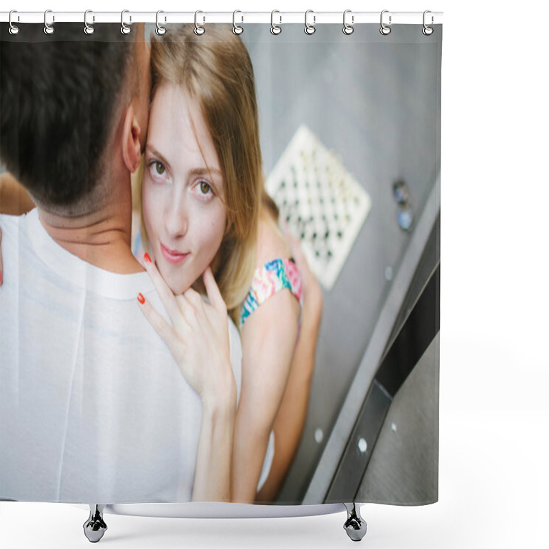 Personality  Young Beautiful Couple Playing Chess Outdoors In City Shower Curtains