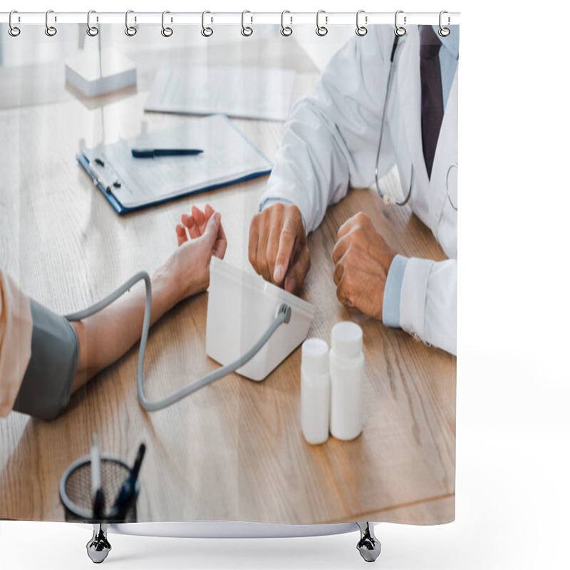 Personality  Cropped View Of Doctor Measuring Blood Pressure Of Woman Near Bottles  Shower Curtains