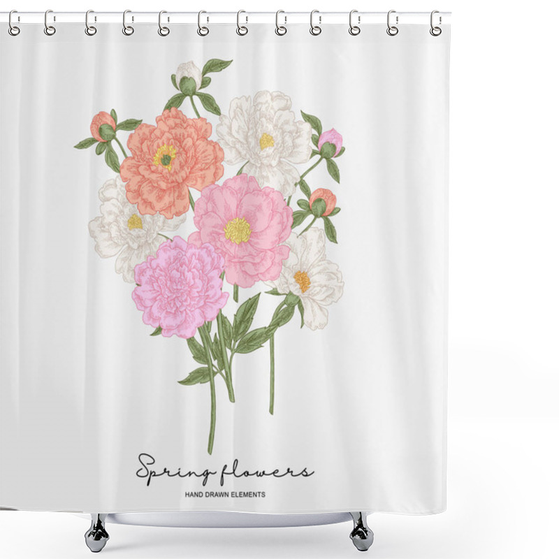 Personality  Pink And White Peonies. Bouquet Of Spring Flowers. Garden Plants. Botanical Vector Illustration. Shower Curtains