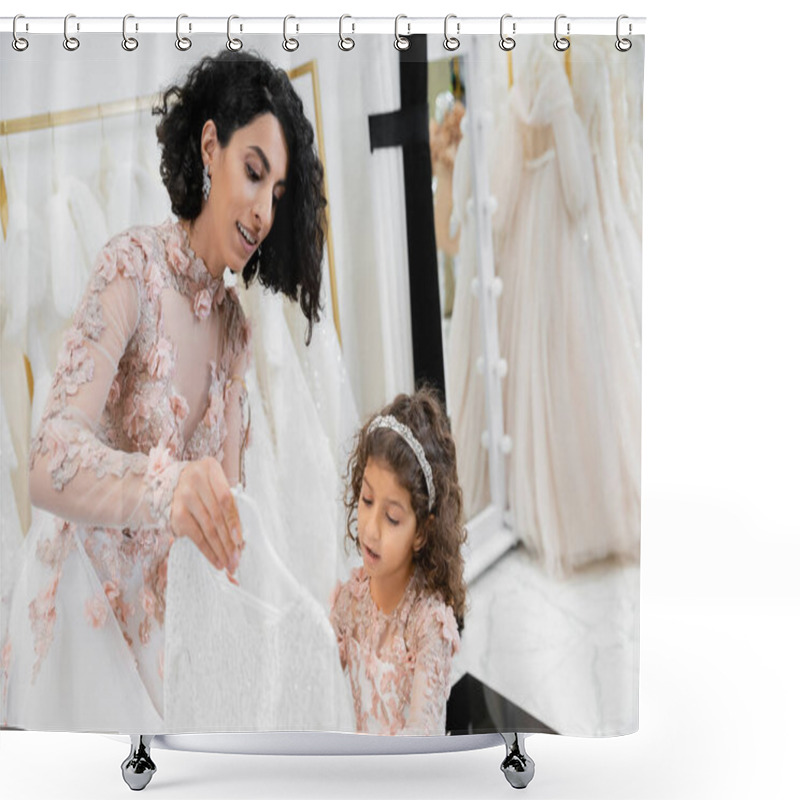 Personality  Brunette Middle Eastern Bride In Floral Wedding Gown Helping To Choose Dress For Her Cute Little Daughter In Bridal Boutique Around White Tulle Fabrics, Process Of Preparation, Togetherness  Shower Curtains