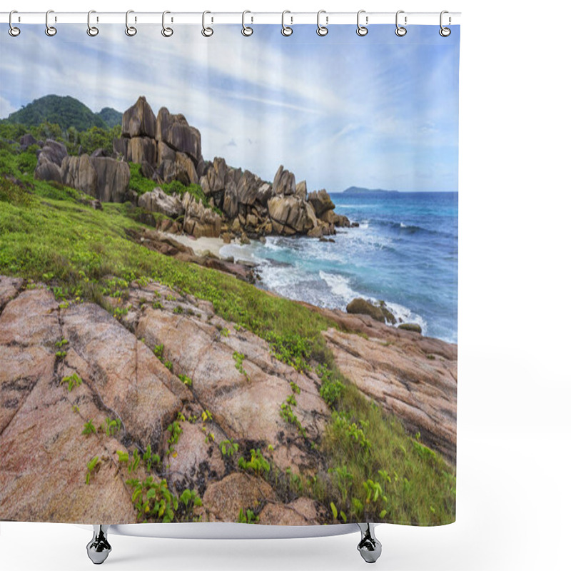 Personality  Rough And Wild Rocky Coastline At Anse Songe, La Digue, Seychell Shower Curtains