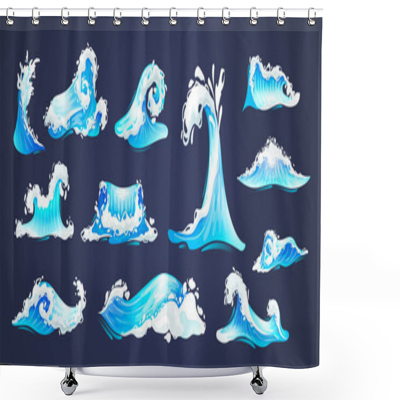 Personality  Sea Ocean Wave Set. Blue Water Ocean Waves, Marine Surf Wave, Ripples Tides Sea Storm, Tsunami, Tidal Different Shapes, Splash Water Motion With Spray Isolated Vector Cartoon Illustration Shower Curtains