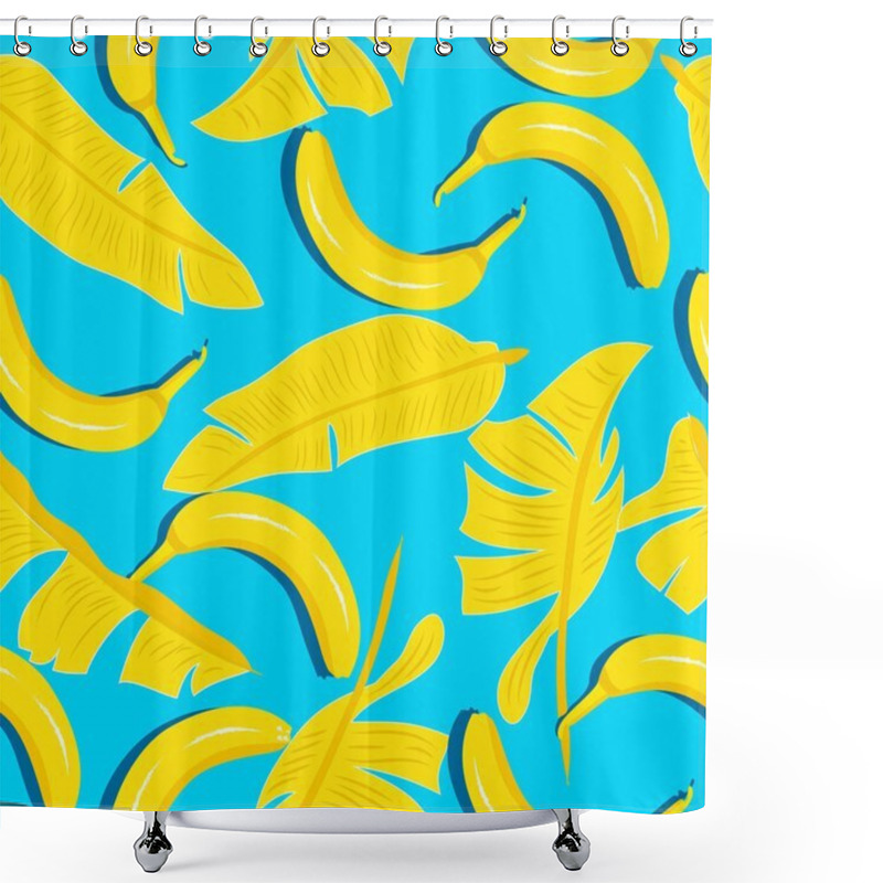 Personality  Yellow Bananas On Blue Background With Banana Leaves, Vector Sea Shower Curtains