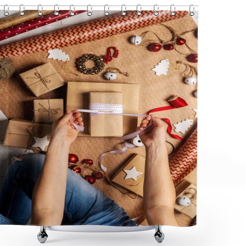 Personality  Top View Of Woman Wrapping Gift Box With Packing Tape, Rope, Paper Rolls And Decorations Props On Wrapping Paper Shower Curtains