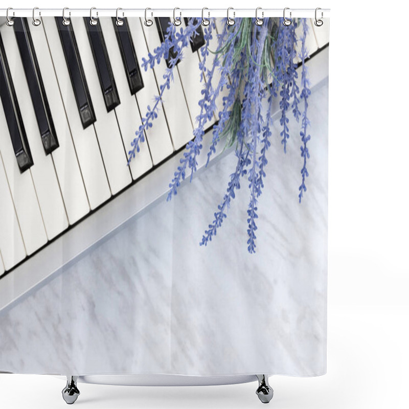 Personality  Sounds Of Nature. Blue Lavender Flowers On Piano Keys, On Marble Background. Shower Curtains