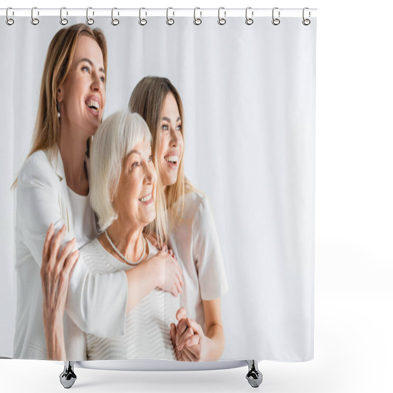 Personality  Three Generation Of Positive Women Smiling While Hugging Isolated On White Shower Curtains