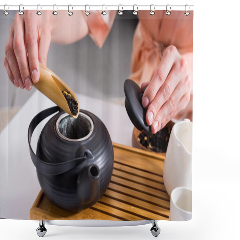 Personality  Cropped Shot Of Woman Making Tea While Having Tea Ceremony In Morning At Home Shower Curtains