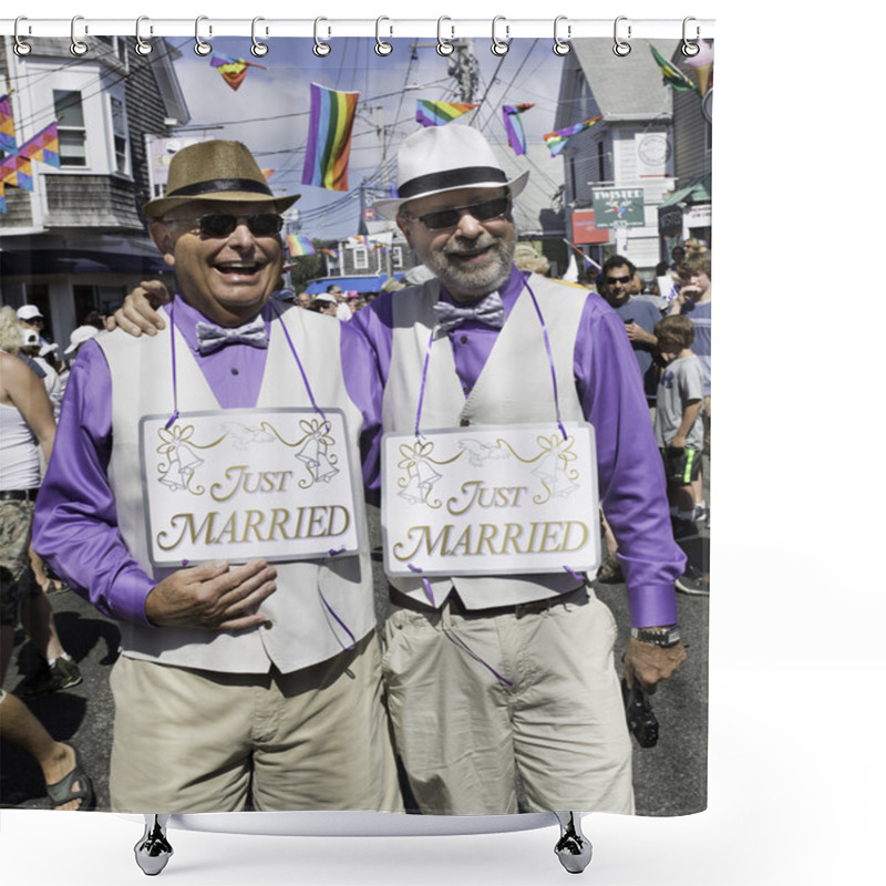 Personality  Just Married Gay Couple Walking Provincetown Carnival Parade In Provincetown, Massachusetts. Shower Curtains