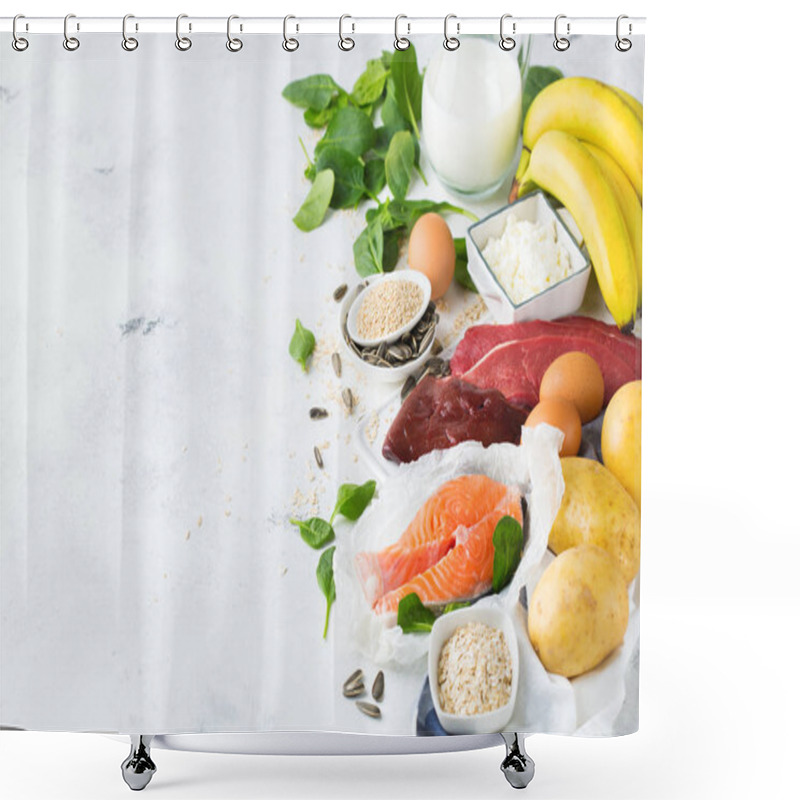 Personality  Balanced Diet Nutrition, Healthy Eating Concept. Food Sources Rich In Vitamin B6, Pyridoxine On A Kitchen Table. Copy Space Background Shower Curtains