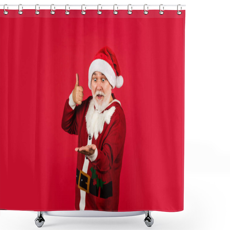 Personality  Be Happy. Celebrate Winter Holiday. Funny Man Wear Santa Claus Coat And Hat. Shopping. Merry Christmas And Happy Holidays. New Year Is Coming. Happiness And Joy. Ready For Xmas Party Shower Curtains