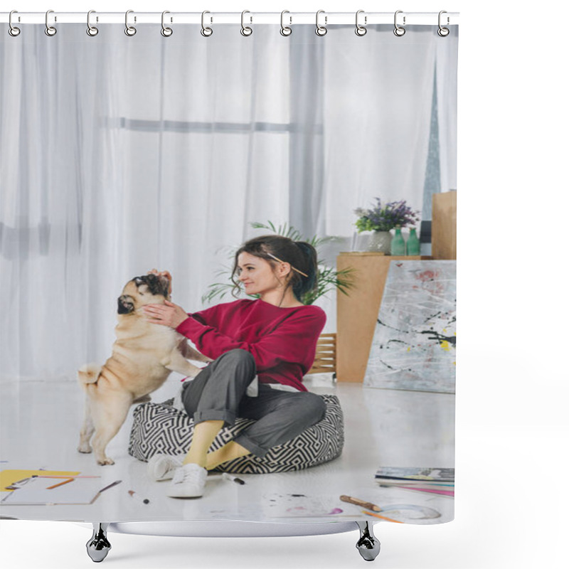 Personality  Pretty Lady Playing With Pet Dog On Floor Of Home Office Shower Curtains