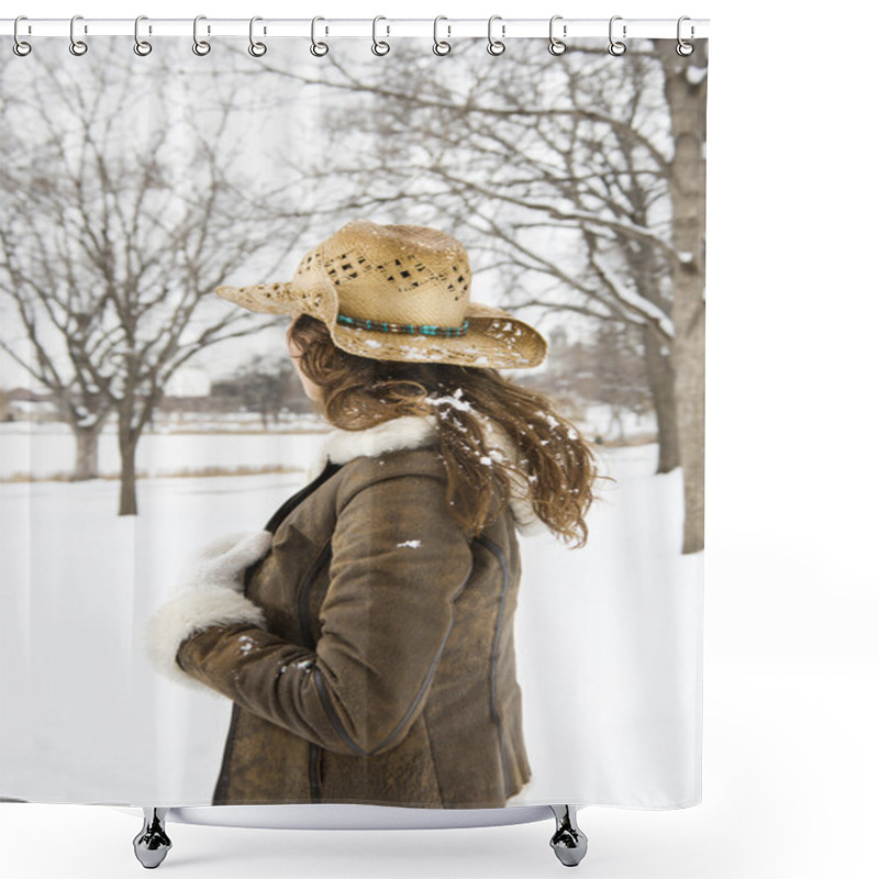 Personality  Woman In Snow. Shower Curtains