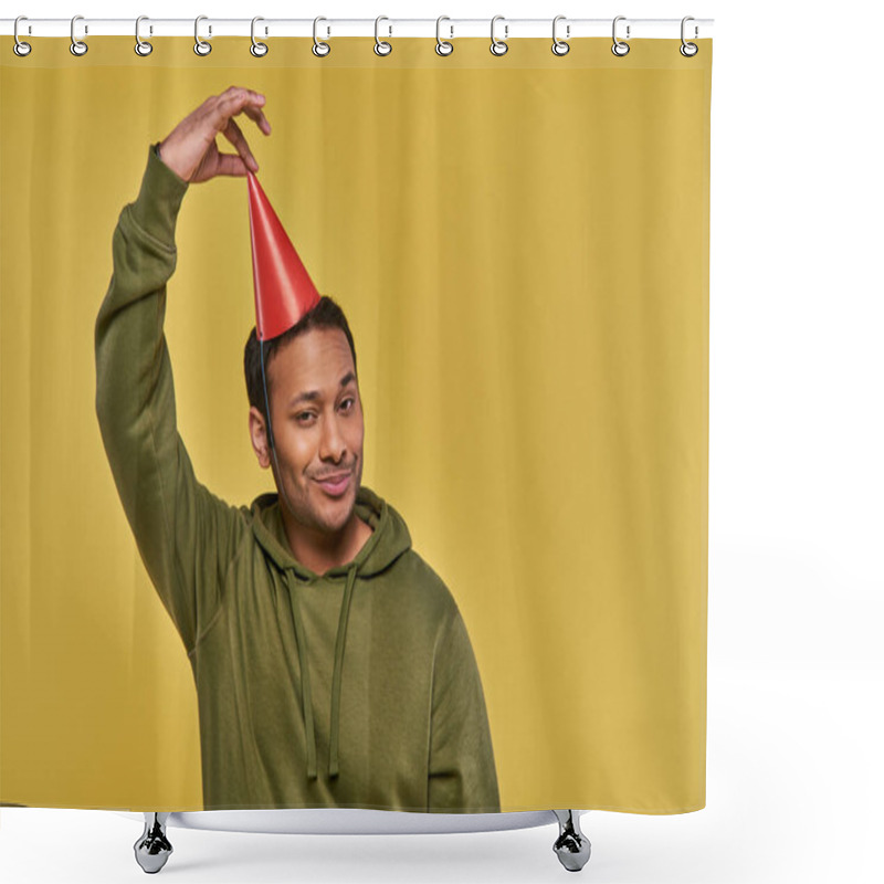 Personality  Smiley Indian Man In Street Outfit With Cunning Look Touching His Birthday Hat On Yellow Backdrop Shower Curtains