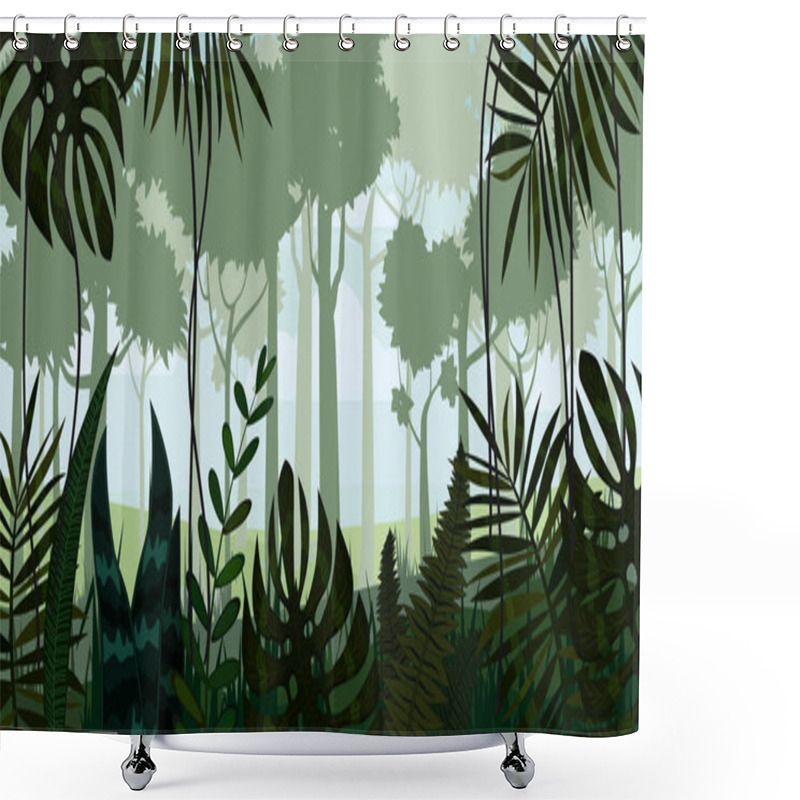 Personality  Vector Tropical Rainforest Jungle Landscape Background With Leaves, Fern, Isolated, Illustrations Shower Curtains