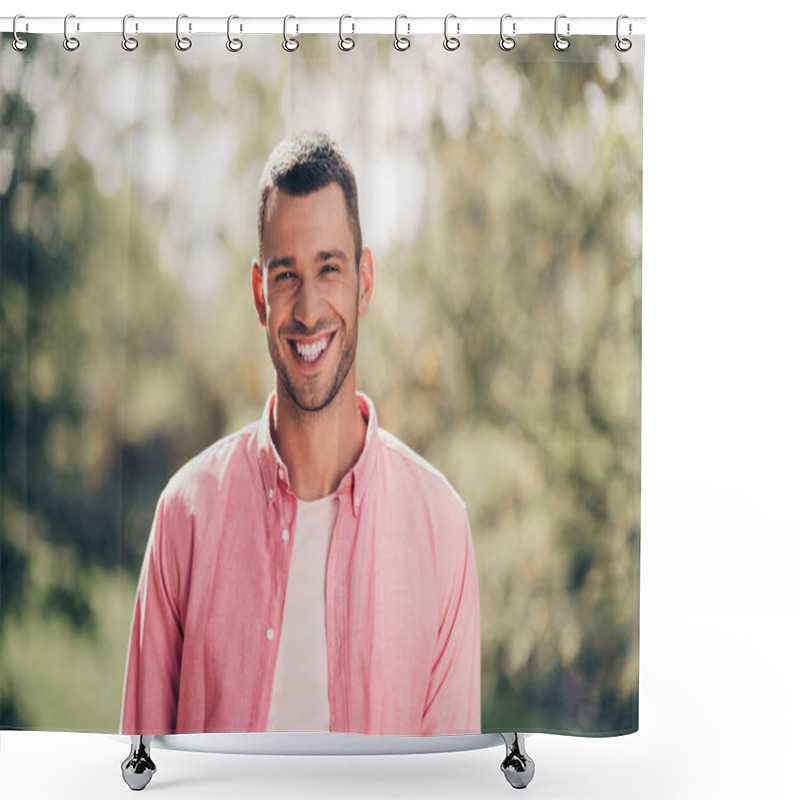 Personality  Photo Of Handsome Attractive Young Guy Dressed Pink Casual Shirt Smiling Enjoying Warm Weather Outdoors Backyard. Shower Curtains