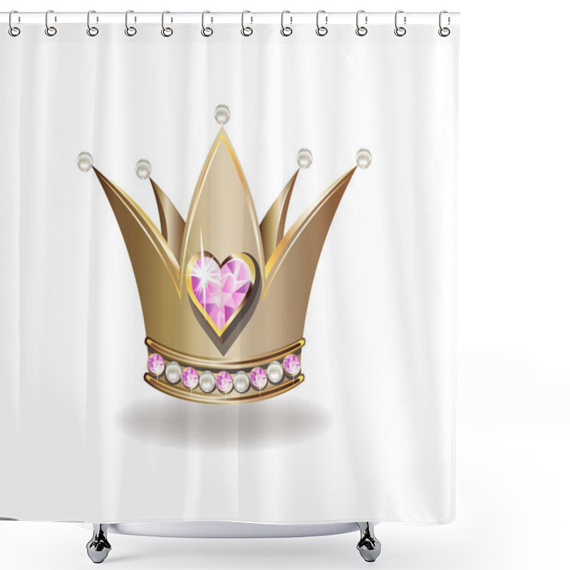 Personality  Beautiful Golden Princess Crown With Pearls And Pink Jewels. Vector Illustration On White Background. Shower Curtains