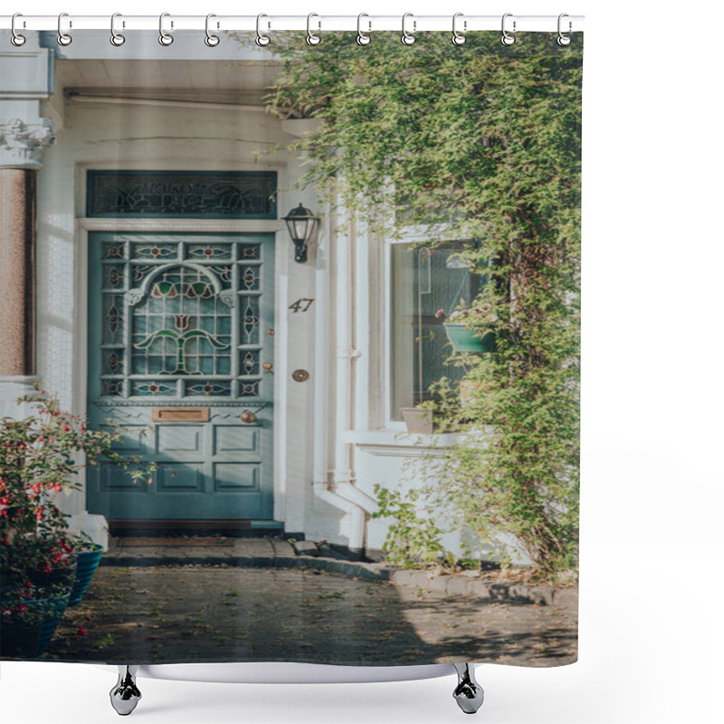 Personality  London, UK - May 26, 2020: Pastel Stained Glass Front Door Of Edwardian House In London, Sunlight Hits The Facade. Edwardian Houses Promote Simple Design And An Appreciation For The Handmade. Shower Curtains