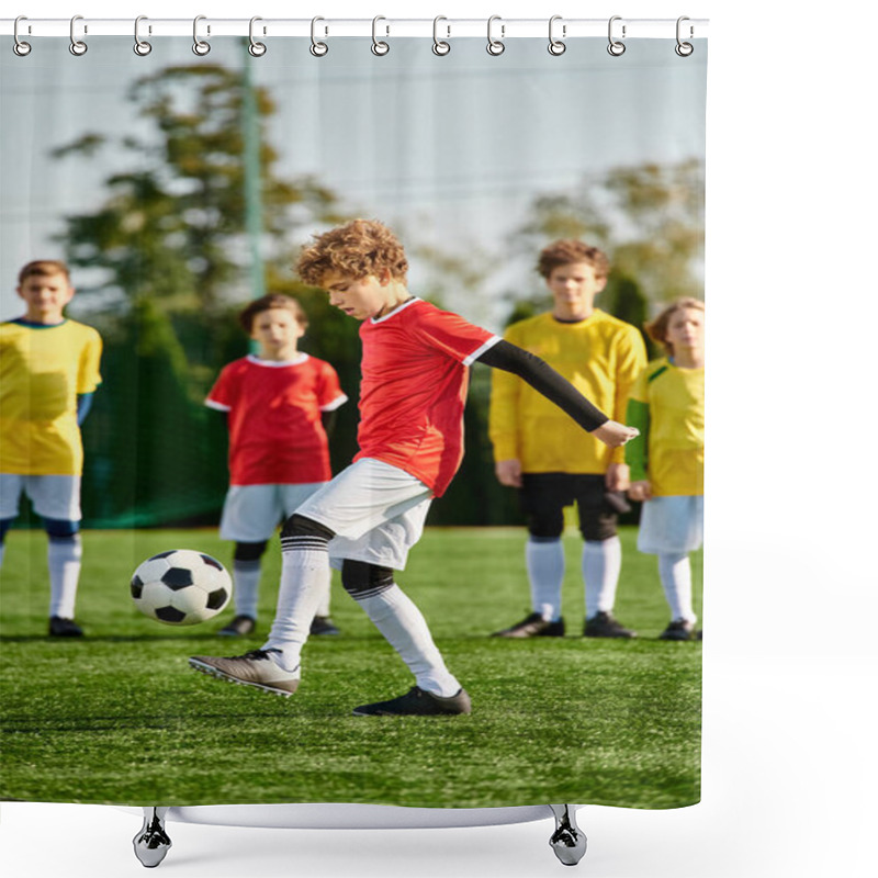 Personality  A Young Boy Energetically Kicks A Soccer Ball Across A Sprawling Green Field. The Bright Sun Casts Long Shadows As He Skillfully Maneuvers The Ball, Showing Determination And Passion For The Sport. Shower Curtains