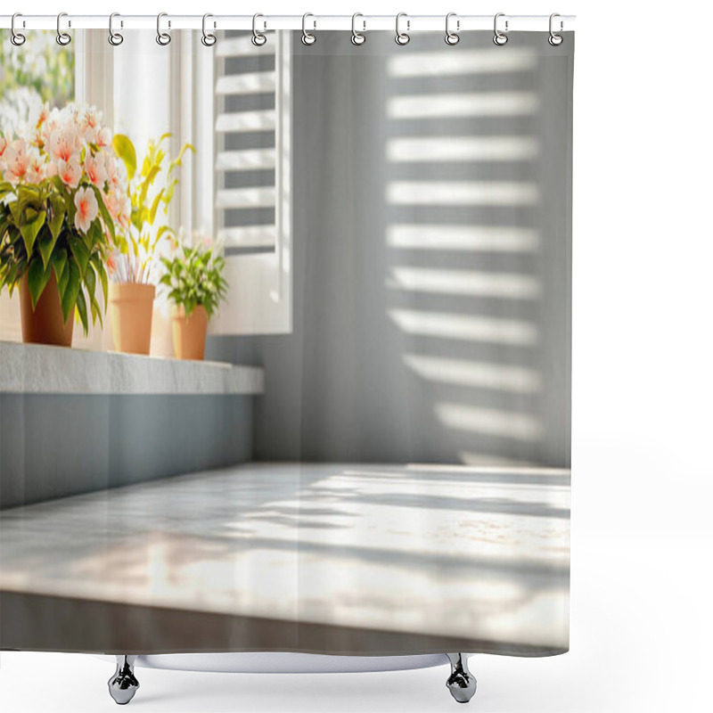 Personality  Bright And Airy Indoor Scene With Potted Flowers And Sunlight Streaming Through Shutters. Shower Curtains