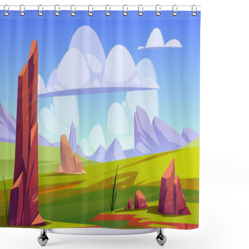 Personality  Cartoon Nature Landscape Green Field With Grass And Rocks Under Blue Sky With Fluffy Clouds. Panoramic Picturesque Scenery Game Background, Natural Tranquil Countryside Scene, Vector Illustration Shower Curtains