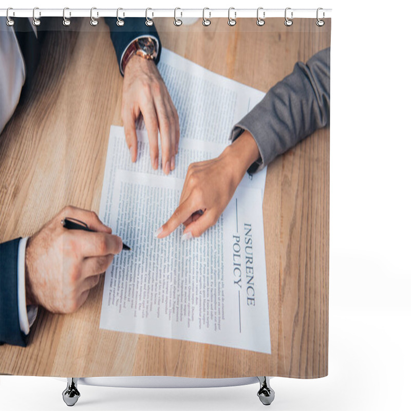 Personality  Partial View Of Lawyer Pointing With Finger At Insurance Policy Contract Near Businessman With Pen Shower Curtains