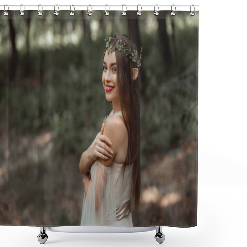 Personality  Smiling Girl With Elf Ears And With Floral Wreath On Head Shower Curtains