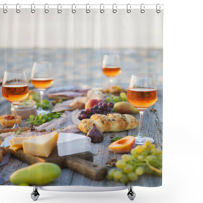 Personality  Picnic On The Beach At Sunset In Boho Style, Food And Drink Conc Shower Curtains