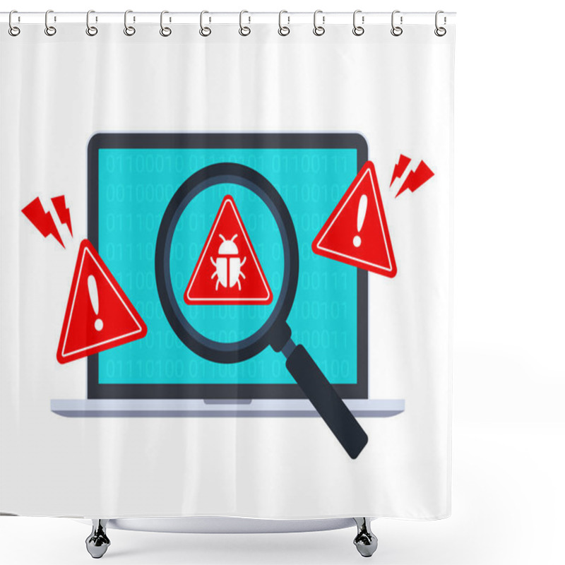 Personality  Computer Bug Detection Icon. System Error Warning On A Laptop. Emergency Alert. Scanning For Malware, Virus, Scam, Or Bug With A Magnifying Glass. Antivirus Concept. Illustration With The Flat Style. Shower Curtains