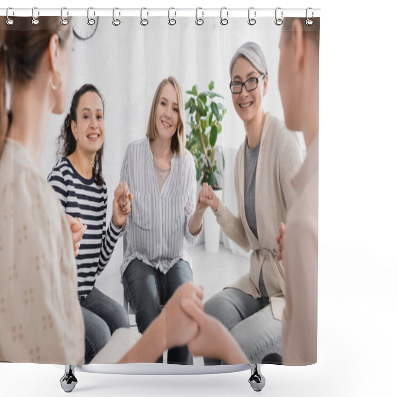 Personality  Happy Multicultural Women Holding Hands During Seminar  Shower Curtains