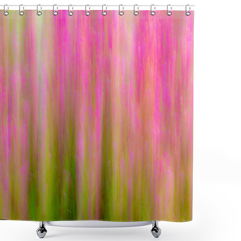 Personality  An Intential Camera Movement Abstract Image Of Pink Flowers Against Green Foilage. Shower Curtains