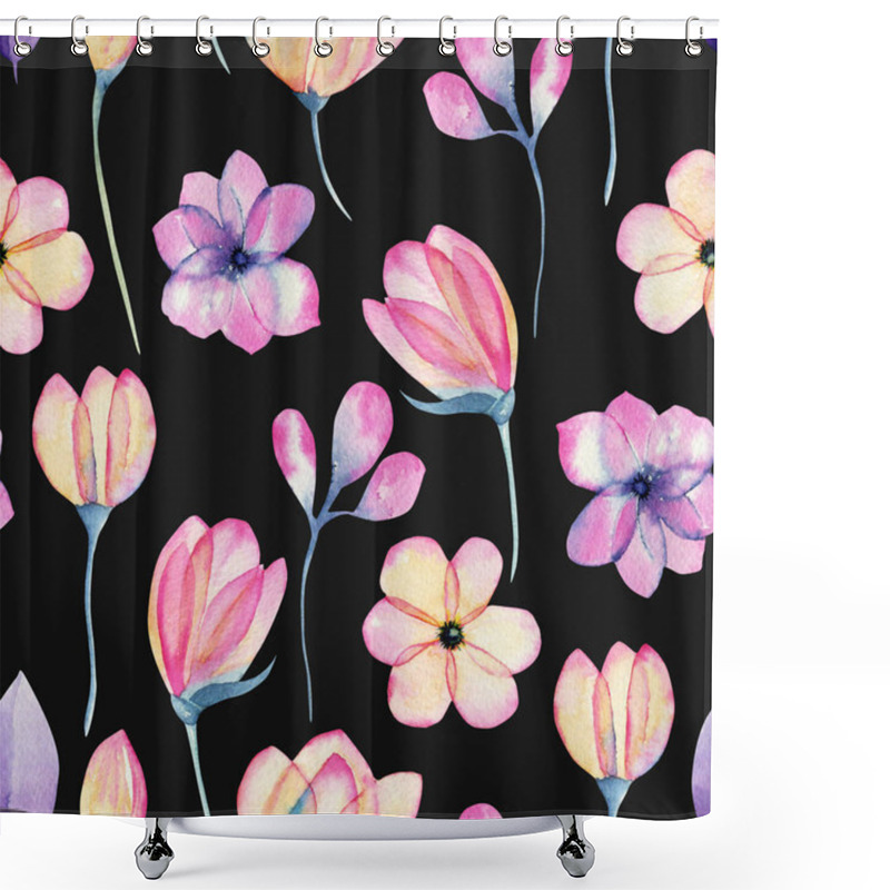 Personality  Watercolor Pastel Pink Apple Blossom Flowers Seamless Pattern, Hand Painted On A Dark Background Shower Curtains