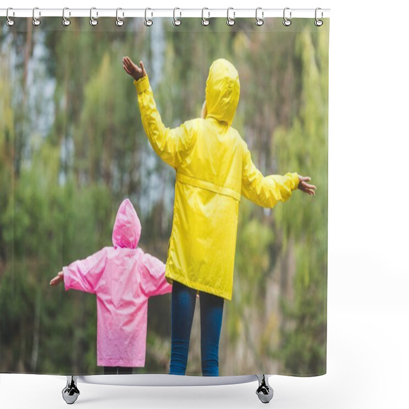 Personality  Family In Raincoats With Outstretched Arms Shower Curtains