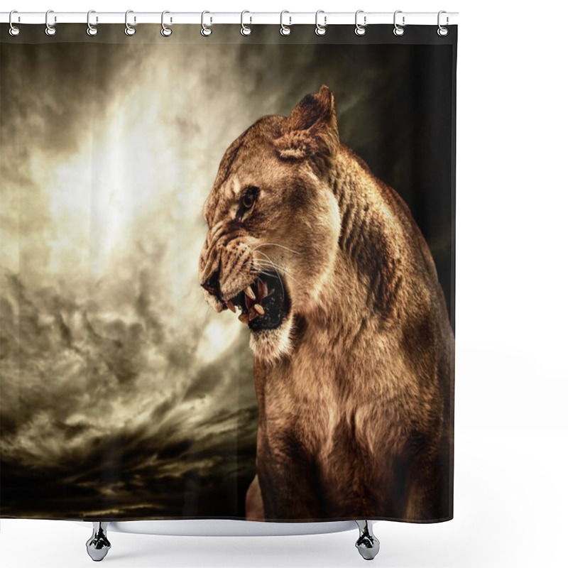 Personality  Roaring Lioness Against Stormy Sky Shower Curtains