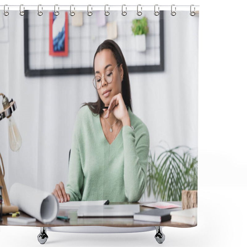 Personality  Thoughtful African American Interior Designer Sitting At Desk At Home Studio, Blurred Foreground Shower Curtains